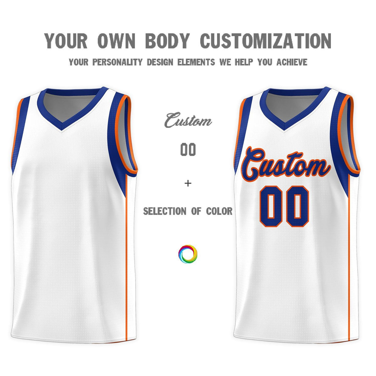 Custom White Royal-Orange Sleeve Color Blocking Classic Sports Uniform Basketball Jersey