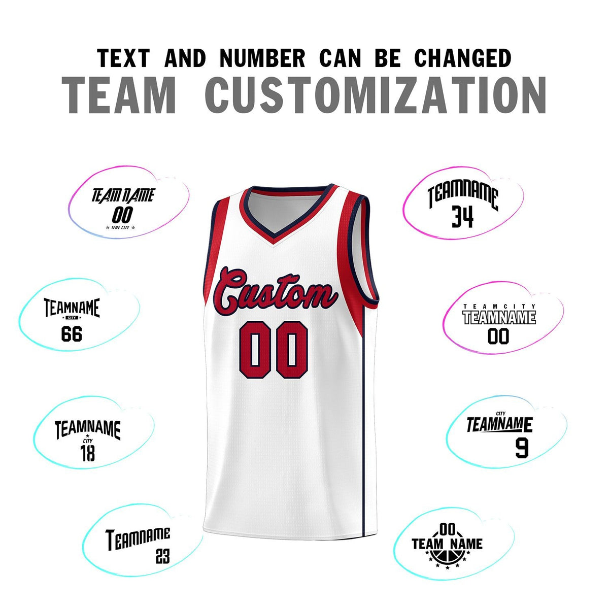 Custom White Red-Navy Sleeve Color Blocking Classic Sports Uniform Basketball Jersey