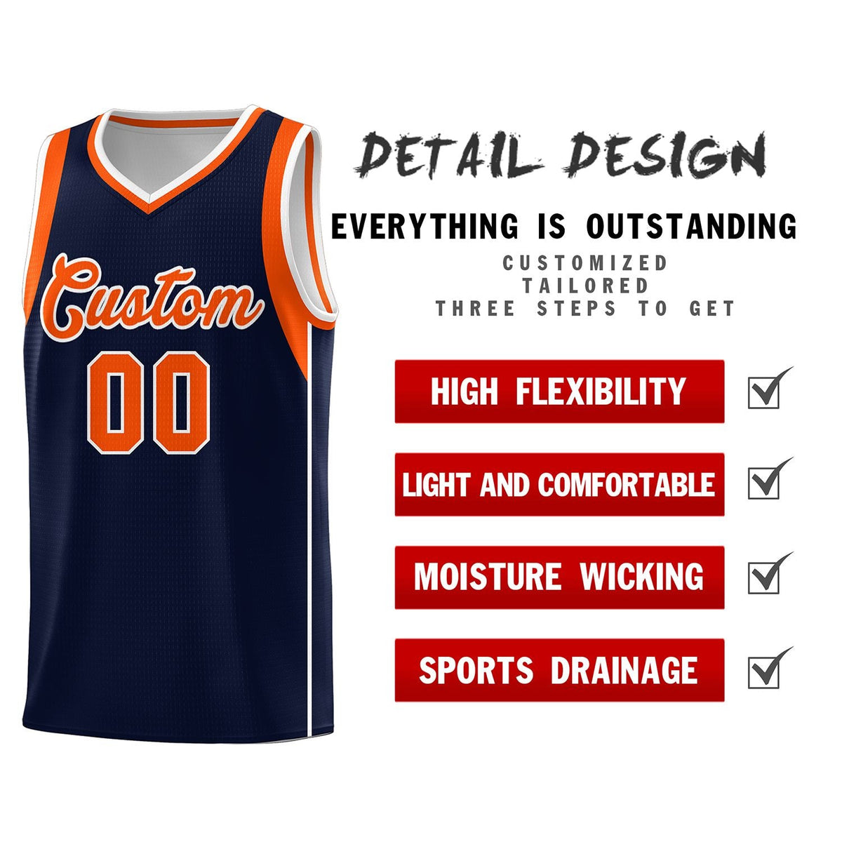 Custom Navy Orange-White Sleeve Color Blocking Classic Sports Uniform Basketball Jersey