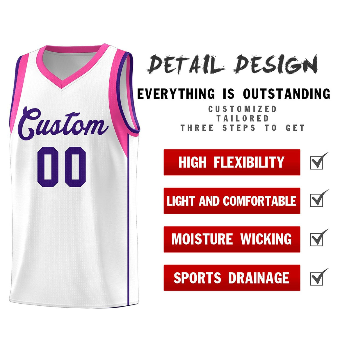 Custom White Purple Sleeve Color Blocking Classic Sports Uniform Basketball Jersey