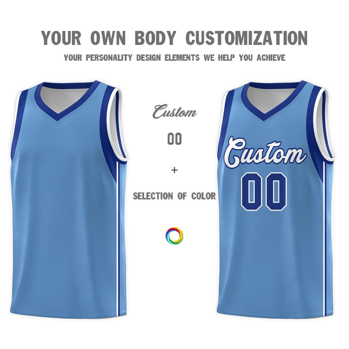 Custom Powder Blue Royal-White Sleeve Color Blocking Classic Sports Uniform Basketball Jersey