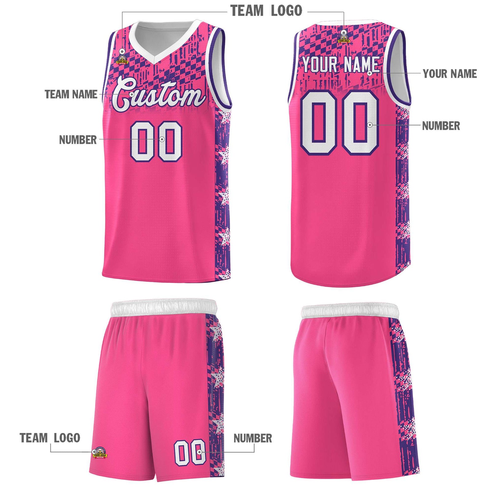 Custom Pink Mosaic Stars Pattern Sports Uniform Basketball Jersey