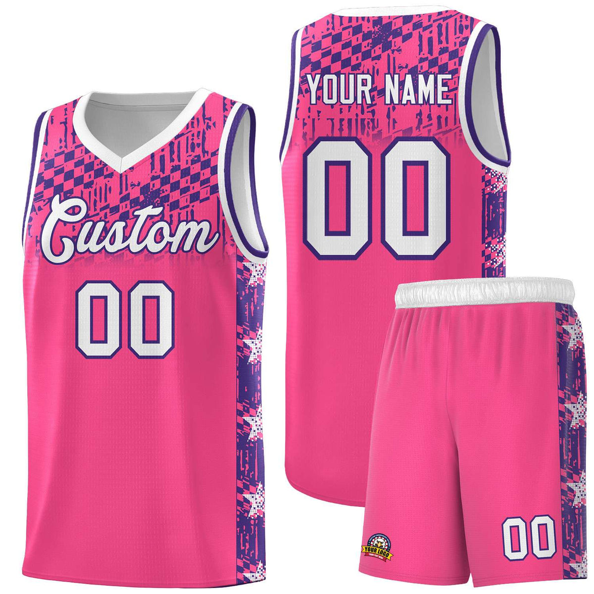 Custom Pink Mosaic Stars Pattern Sports Uniform Basketball Jersey