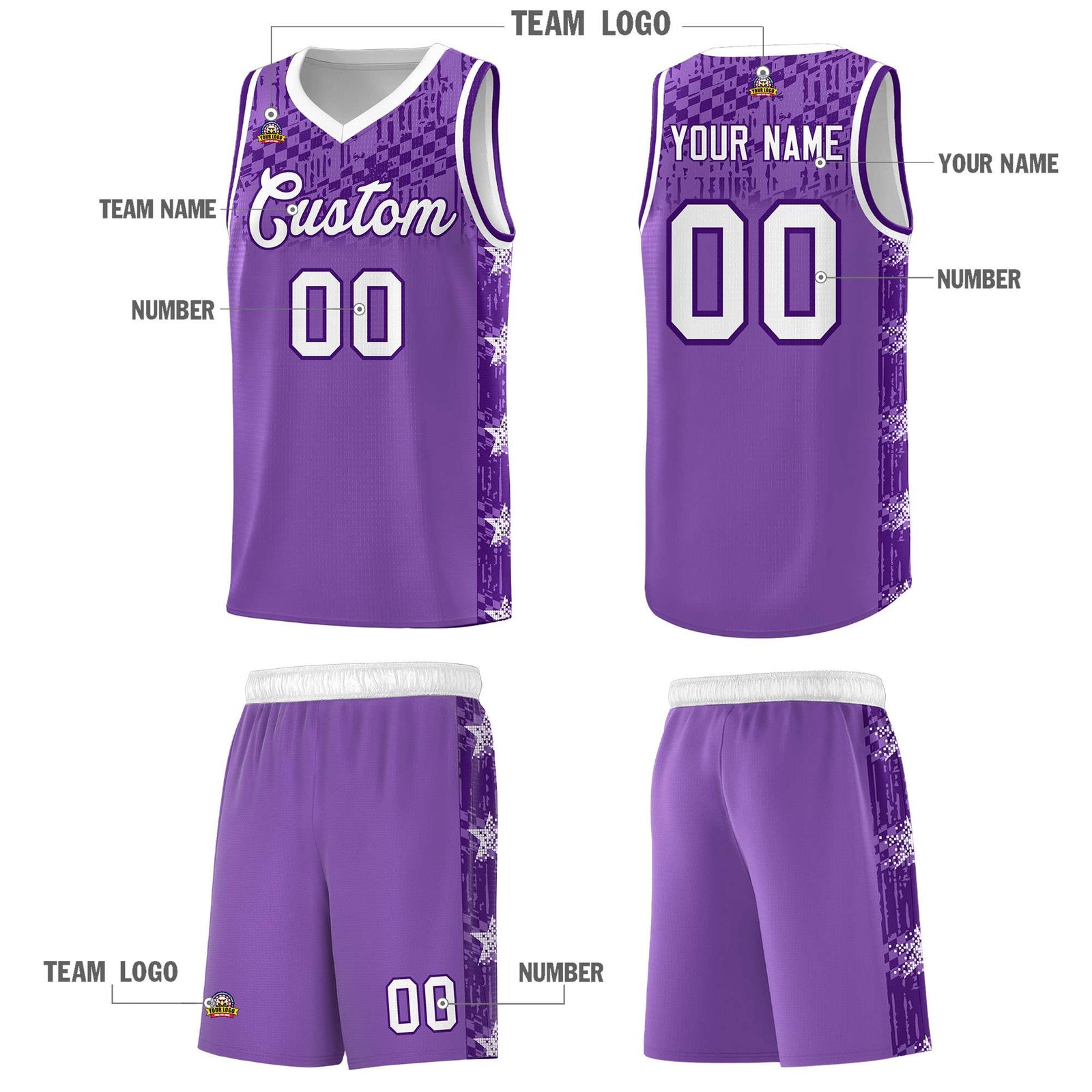 Custom Light Purple Mosaic Stars Pattern Sports Uniform Basketball Jersey