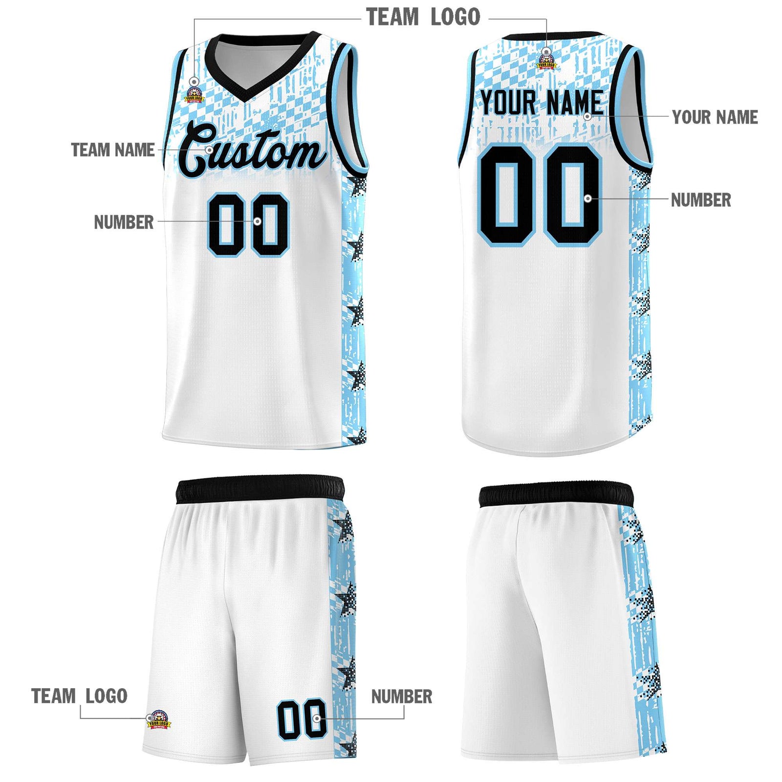 Custom White Mosaic Stars Pattern Sports Uniform Basketball Jersey