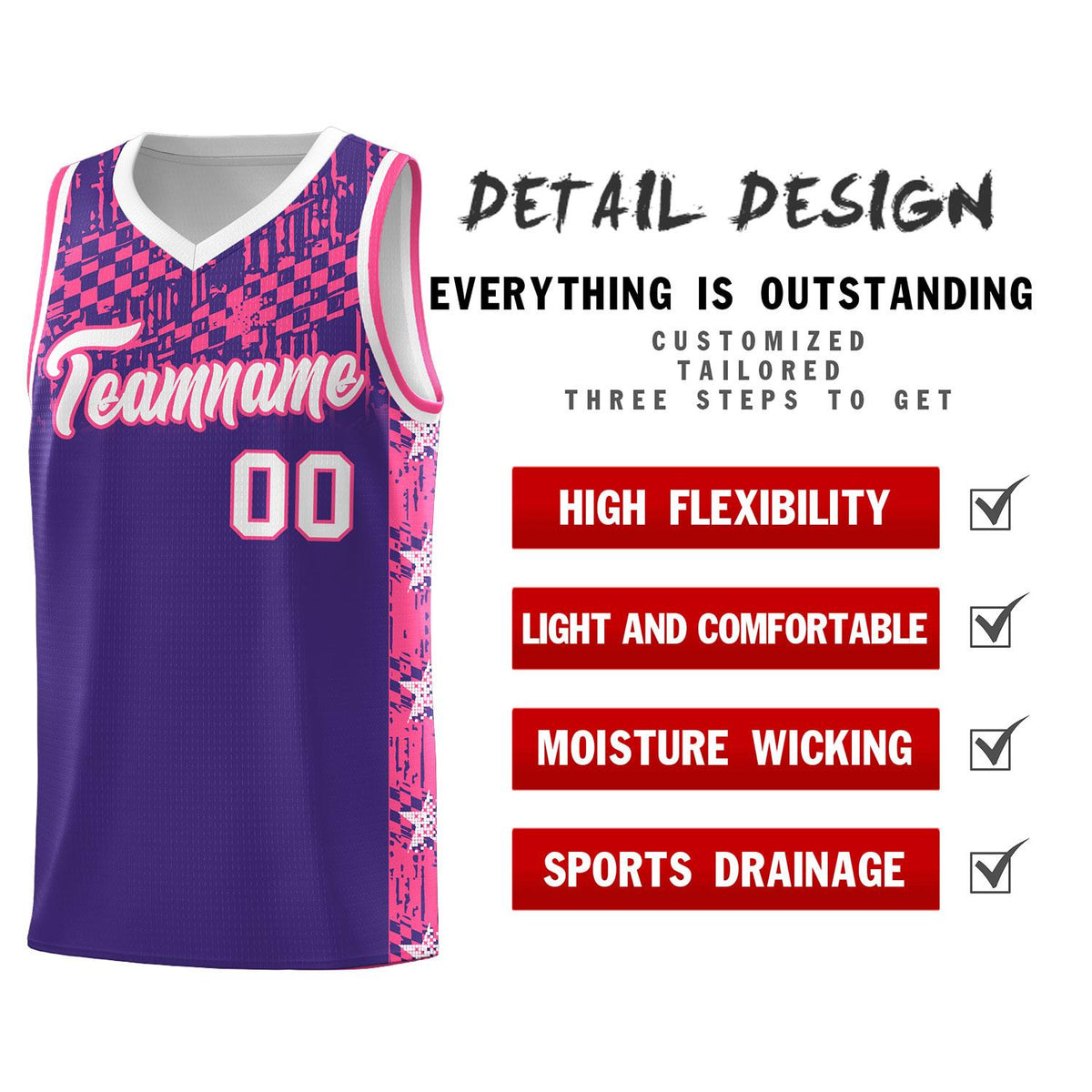 Custom Purple Mosaic Stars Pattern Sports Uniform Basketball Jersey