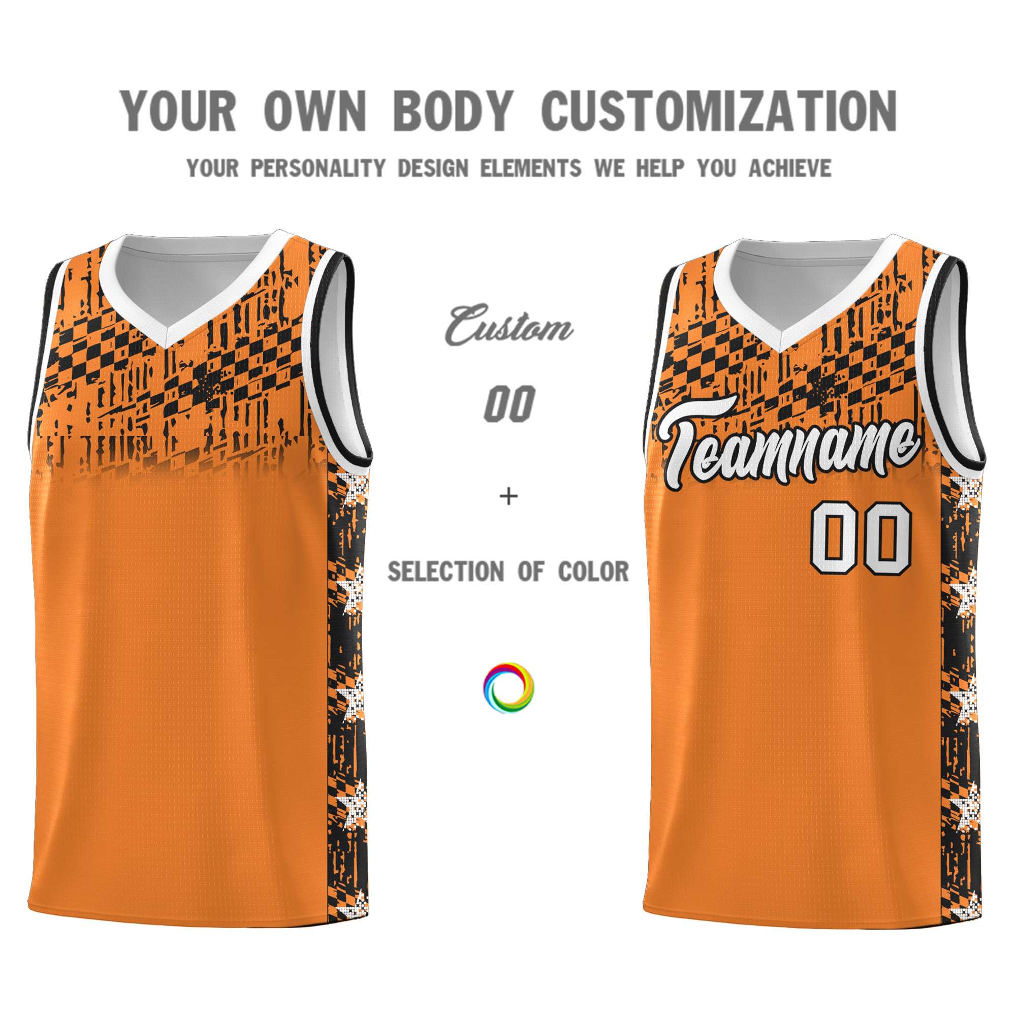 Custom Gold Orange Mosaic Stars Pattern Sports Uniform Basketball Jersey
