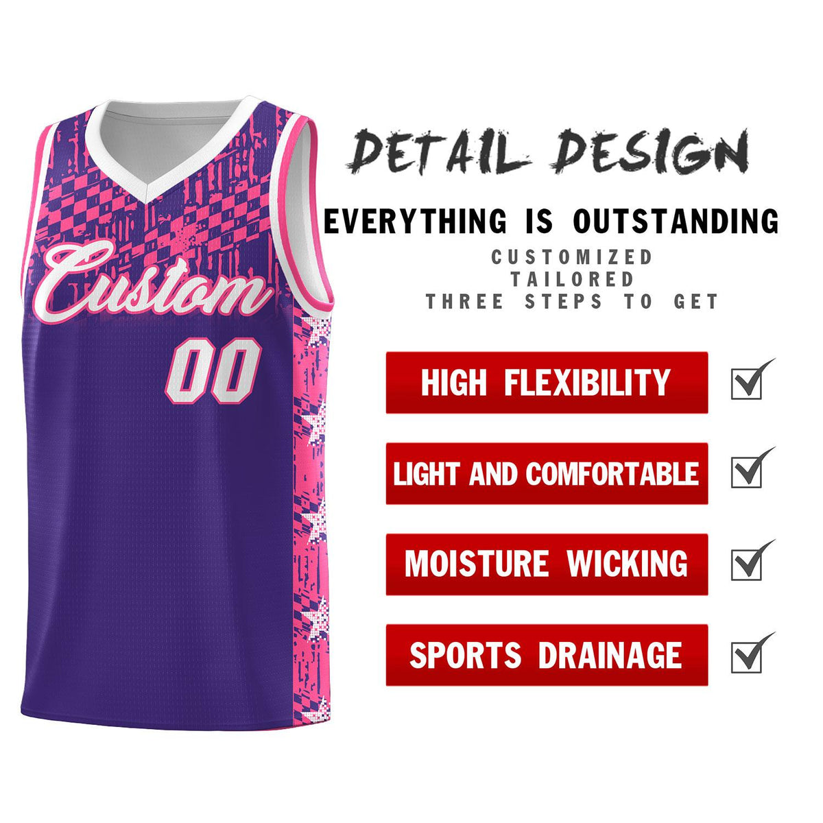 Custom Purple Mosaic Stars Pattern Sports Uniform Basketball Jersey