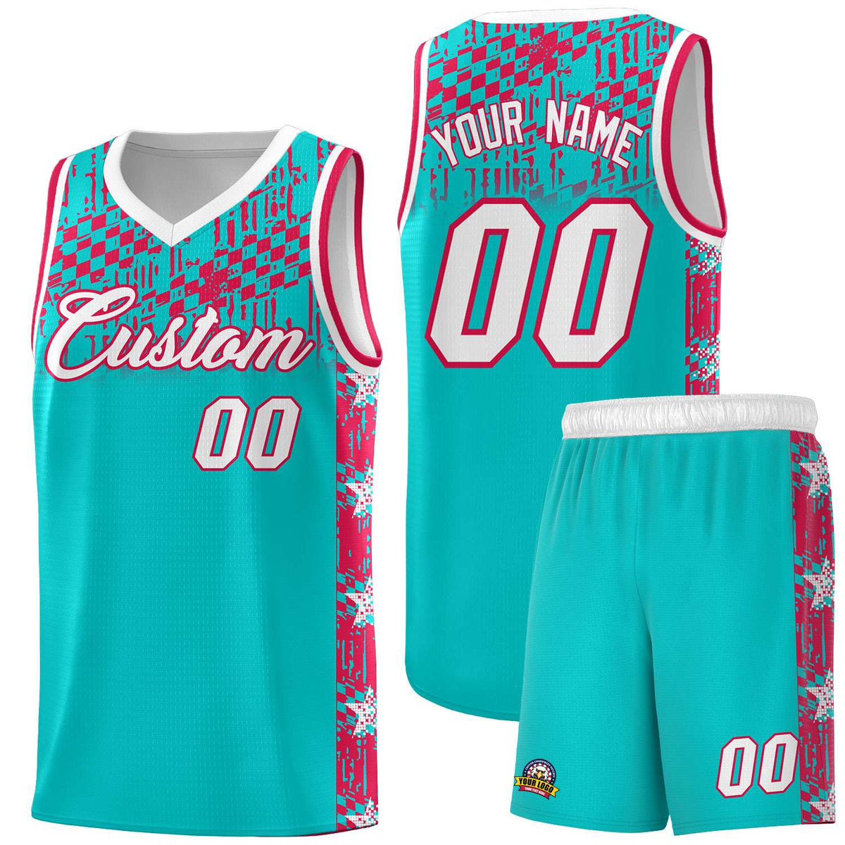 Custom Aqua Mosaic Stars Pattern Sports Uniform Basketball Jersey