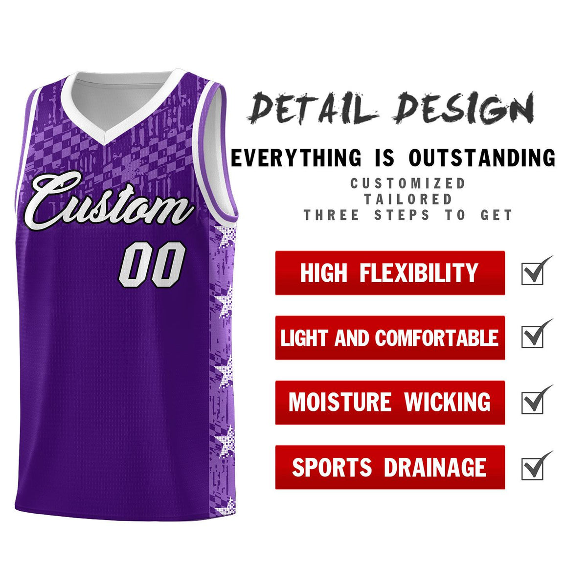 Custom Purple Mosaic Stars Pattern Sports Uniform Basketball Jersey