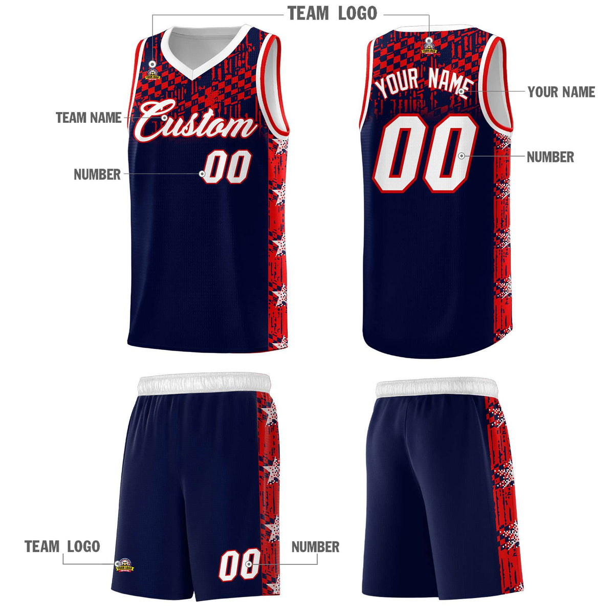 Custom Navy Mosaic Stars Pattern Sports Uniform Basketball Jersey