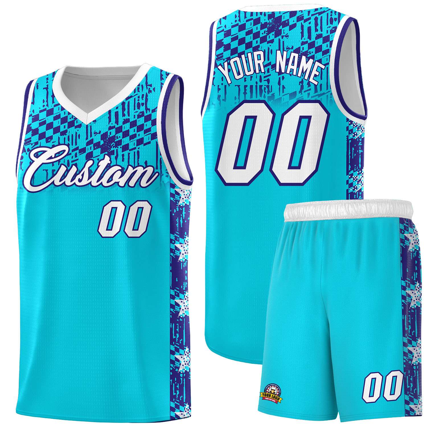 Custom Sky Blue Mosaic Stars Pattern Sports Uniform Basketball Jersey