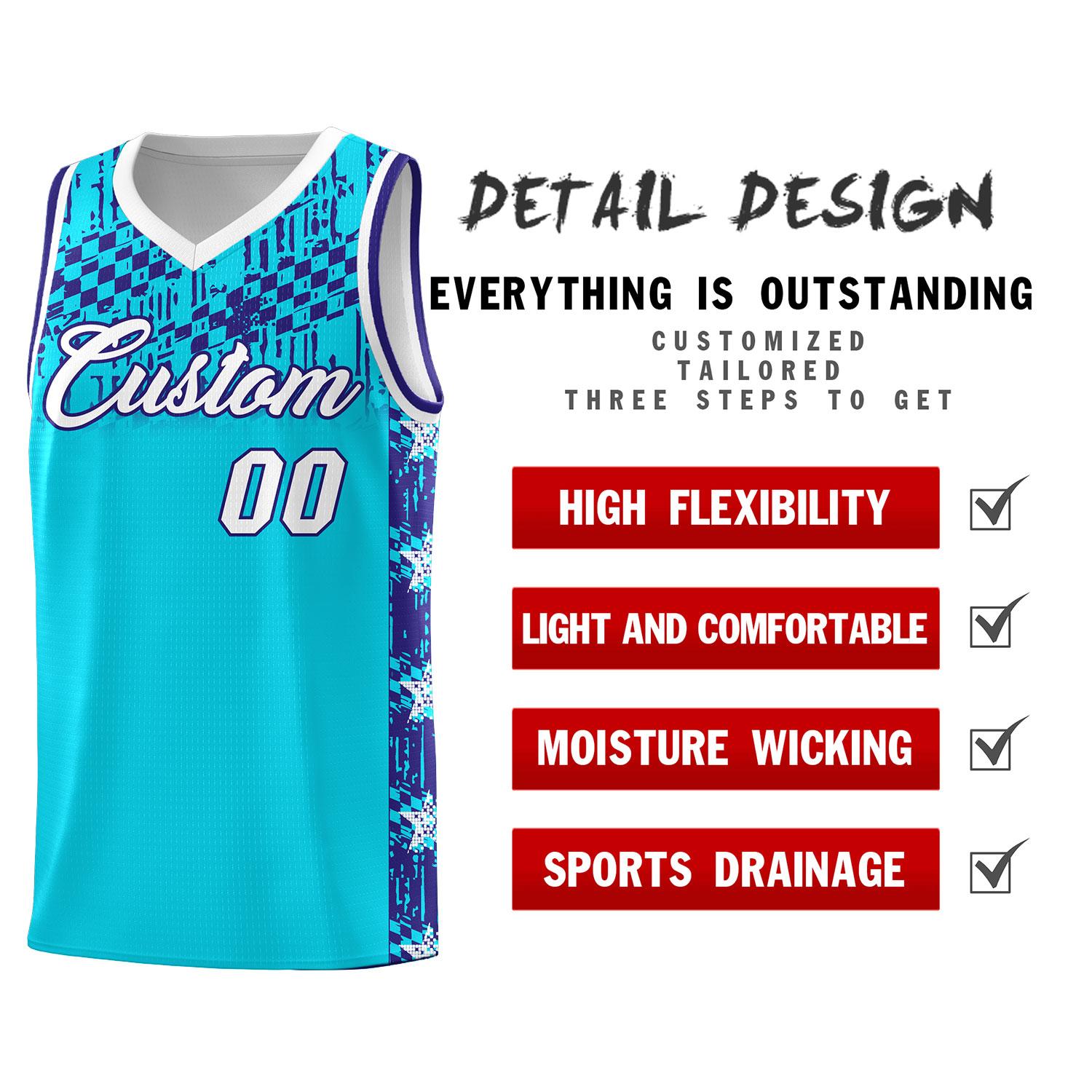 Custom Sky Blue Mosaic Stars Pattern Sports Uniform Basketball Jersey
