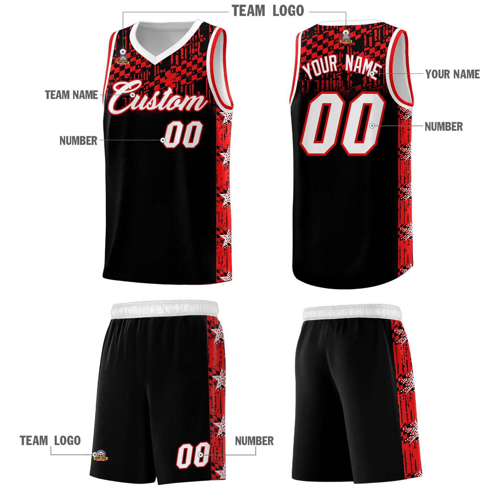 Custom Black Mosaic Stars Pattern Sports Uniform Basketball Jersey