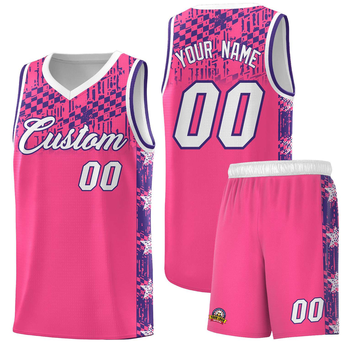 Custom Pink Mosaic Stars Pattern Sports Uniform Basketball Jersey