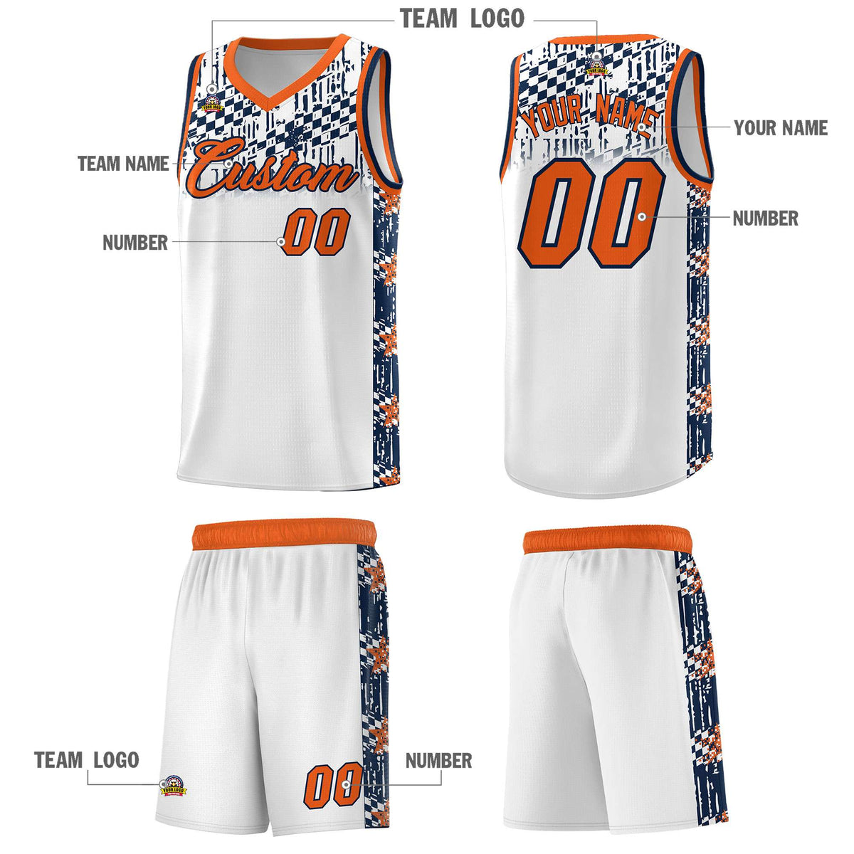 Custom White Mosaic Stars Pattern Sports Uniform Basketball Jersey