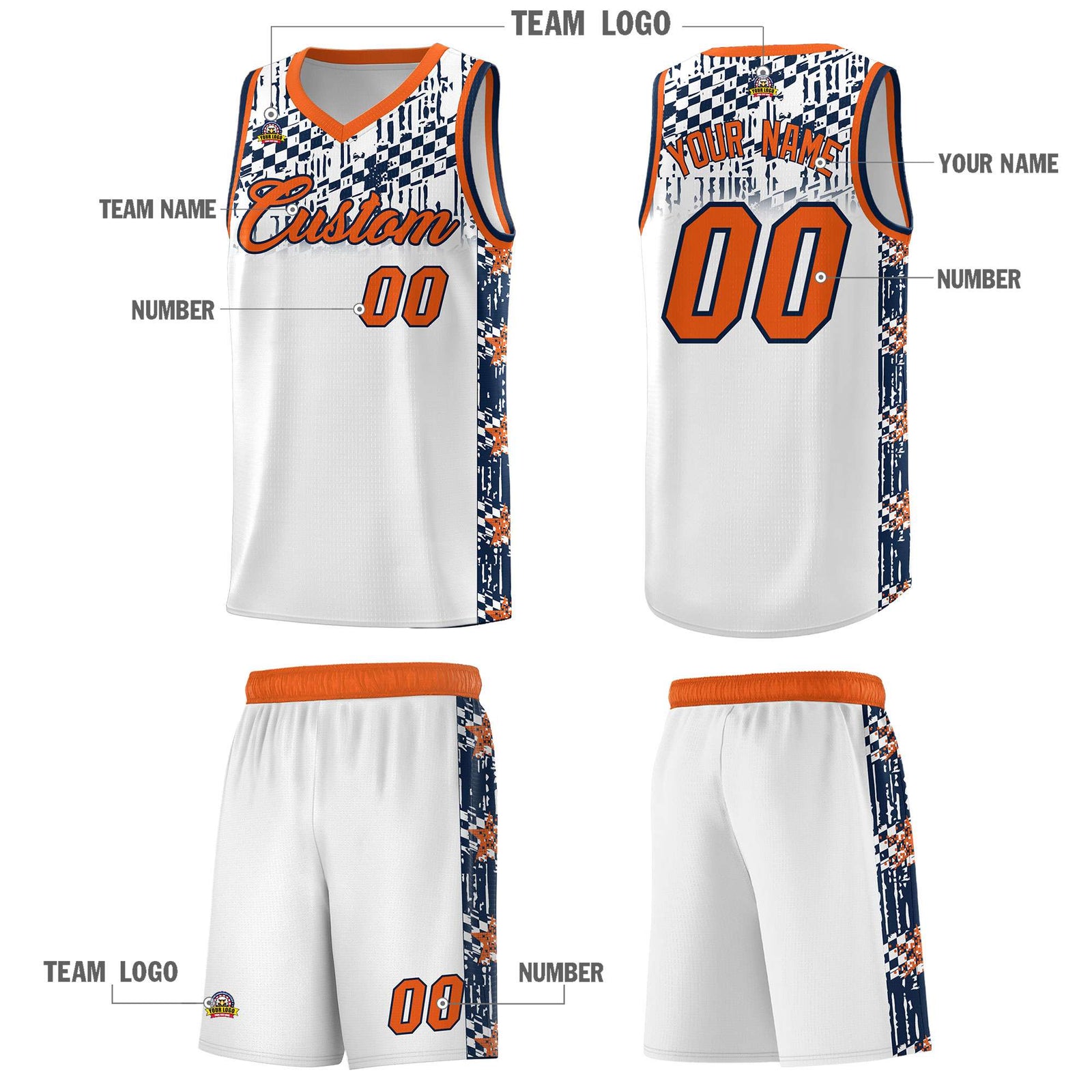 Custom White Mosaic Stars Pattern Sports Uniform Basketball Jersey
