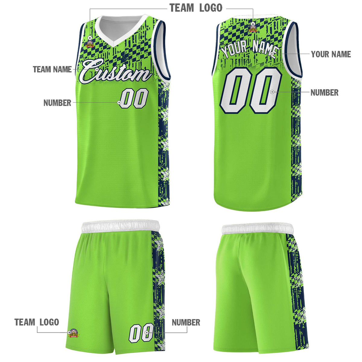 Custom Neon Green Mosaic Stars Pattern Sports Uniform Basketball Jersey