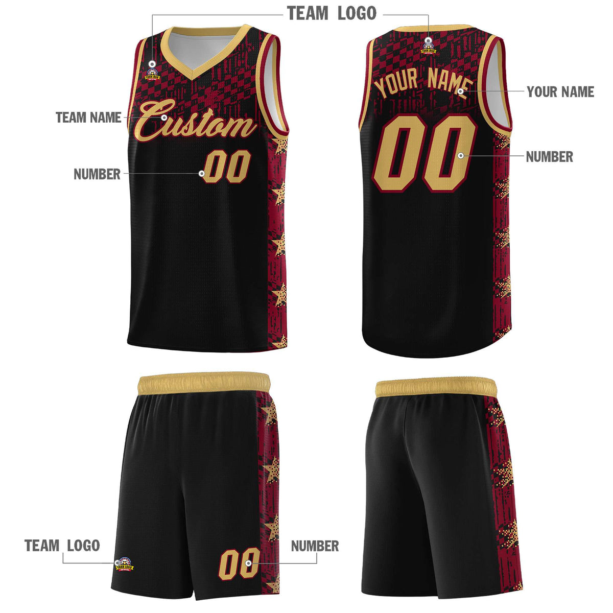 Custom Black Mosaic Stars Pattern Sports Uniform Basketball Jersey
