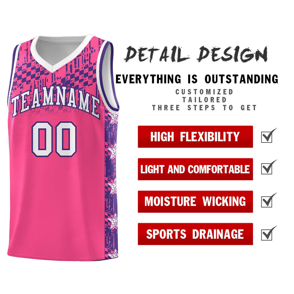 Custom Pink Mosaic Stars Pattern Sports Uniform Basketball Jersey