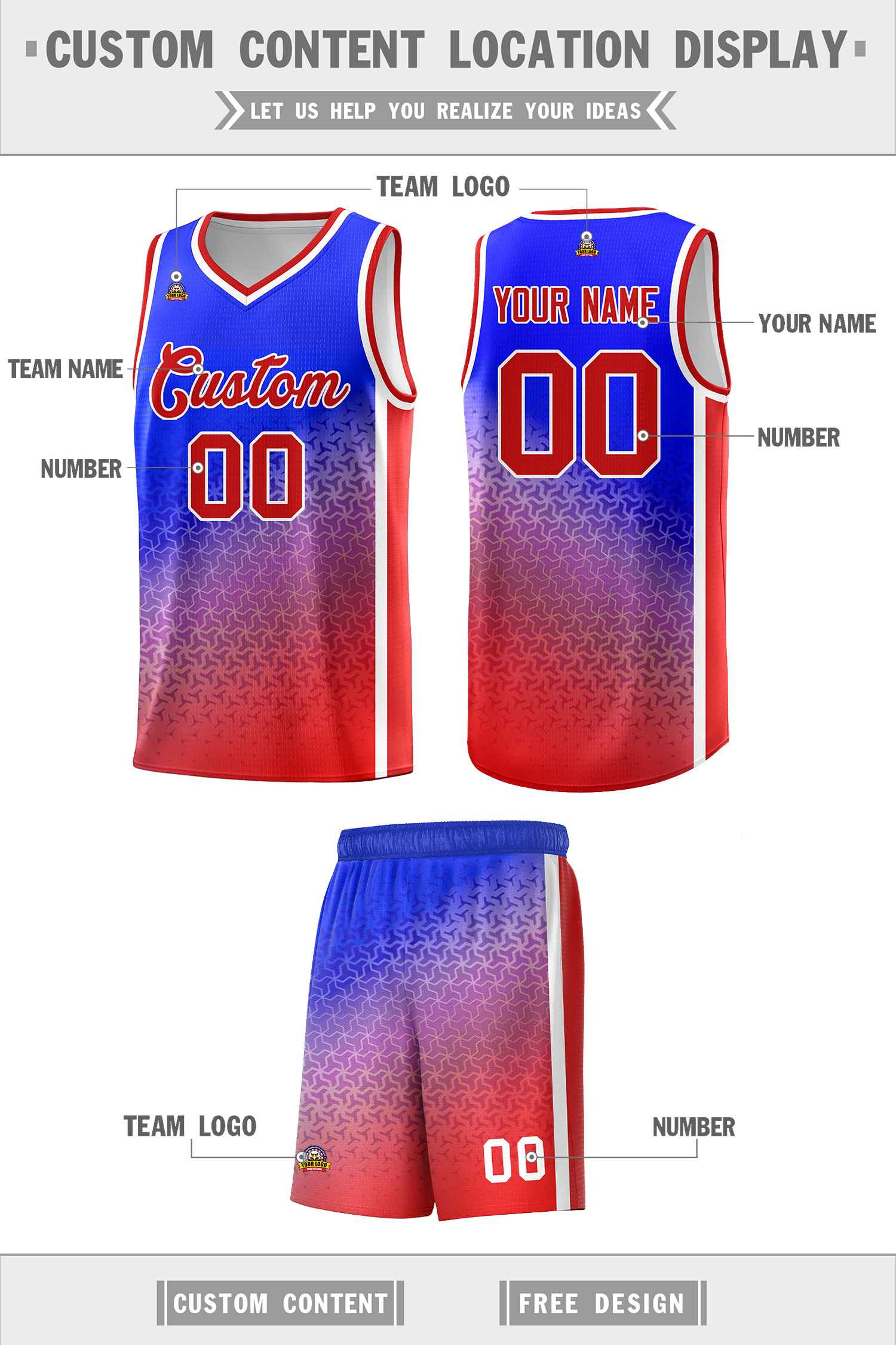Custom Royal Red Gradient Design Irregular Shapes Pattern Sports Uniform Basketball Jersey