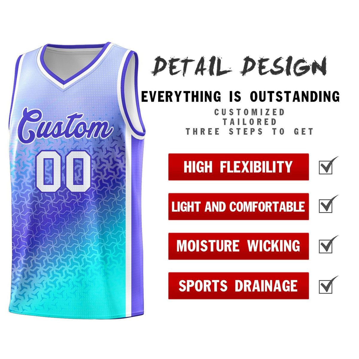Custom Light Purple Sky Blue Gradient Design Irregular Shapes Pattern Sports Uniform Basketball Jersey
