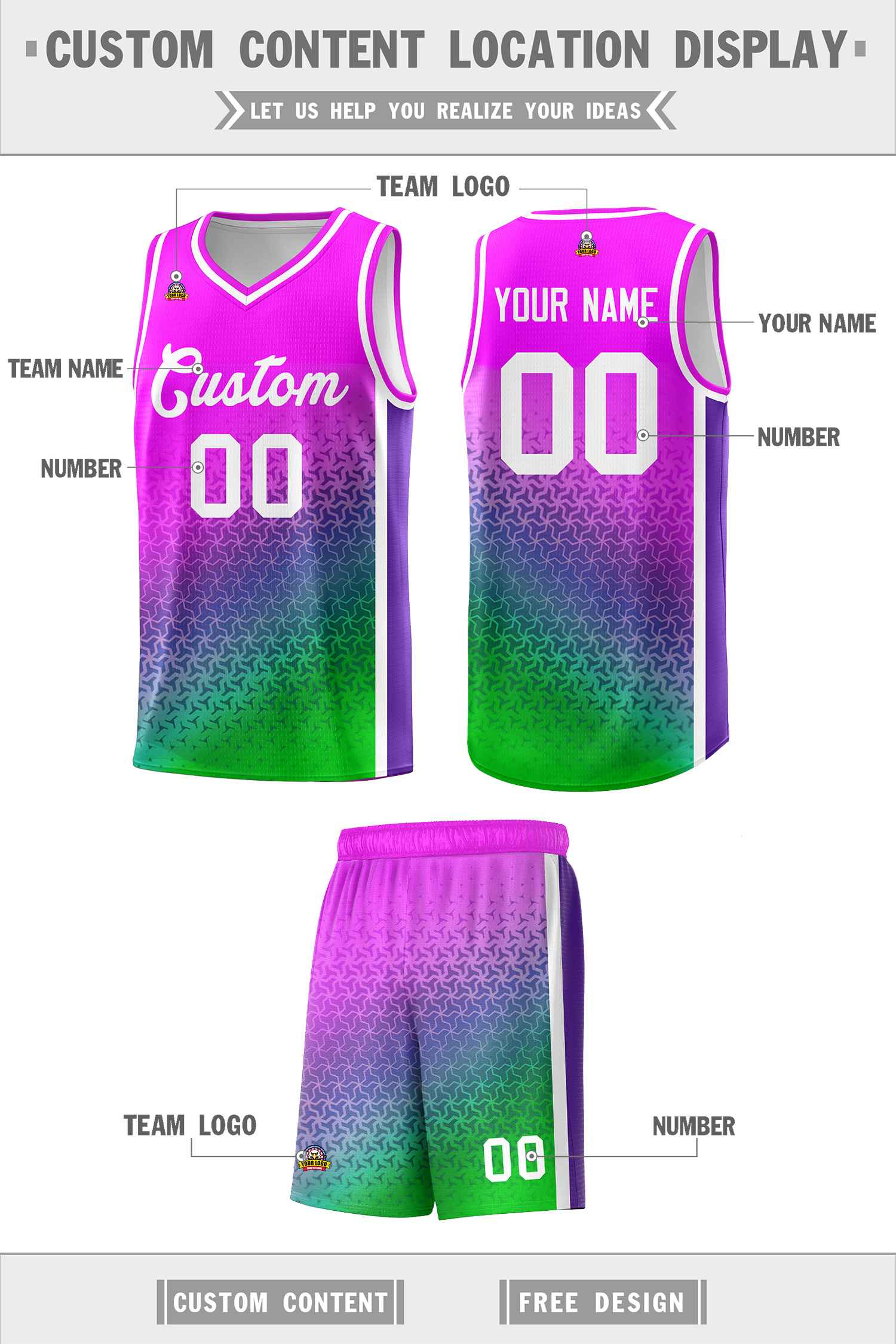 Custom Pink Purple-Neon Green Gradient Design Irregular Shapes Pattern Sports Uniform Basketball Jersey