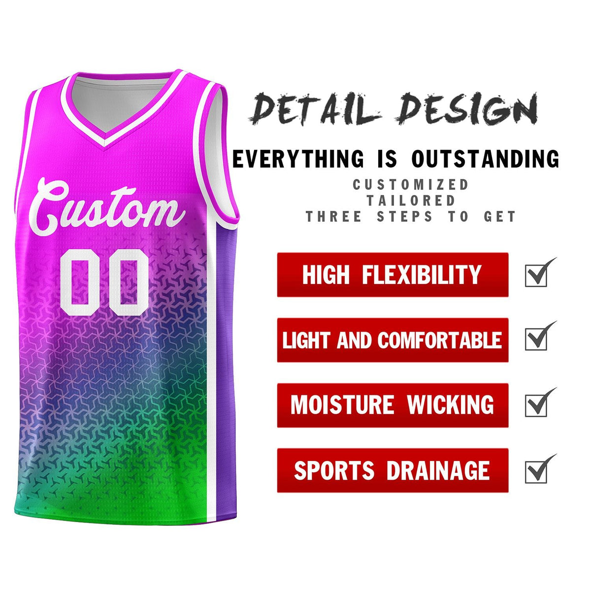 Custom Pink Purple-Neon Green Gradient Design Irregular Shapes Pattern Sports Uniform Basketball Jersey