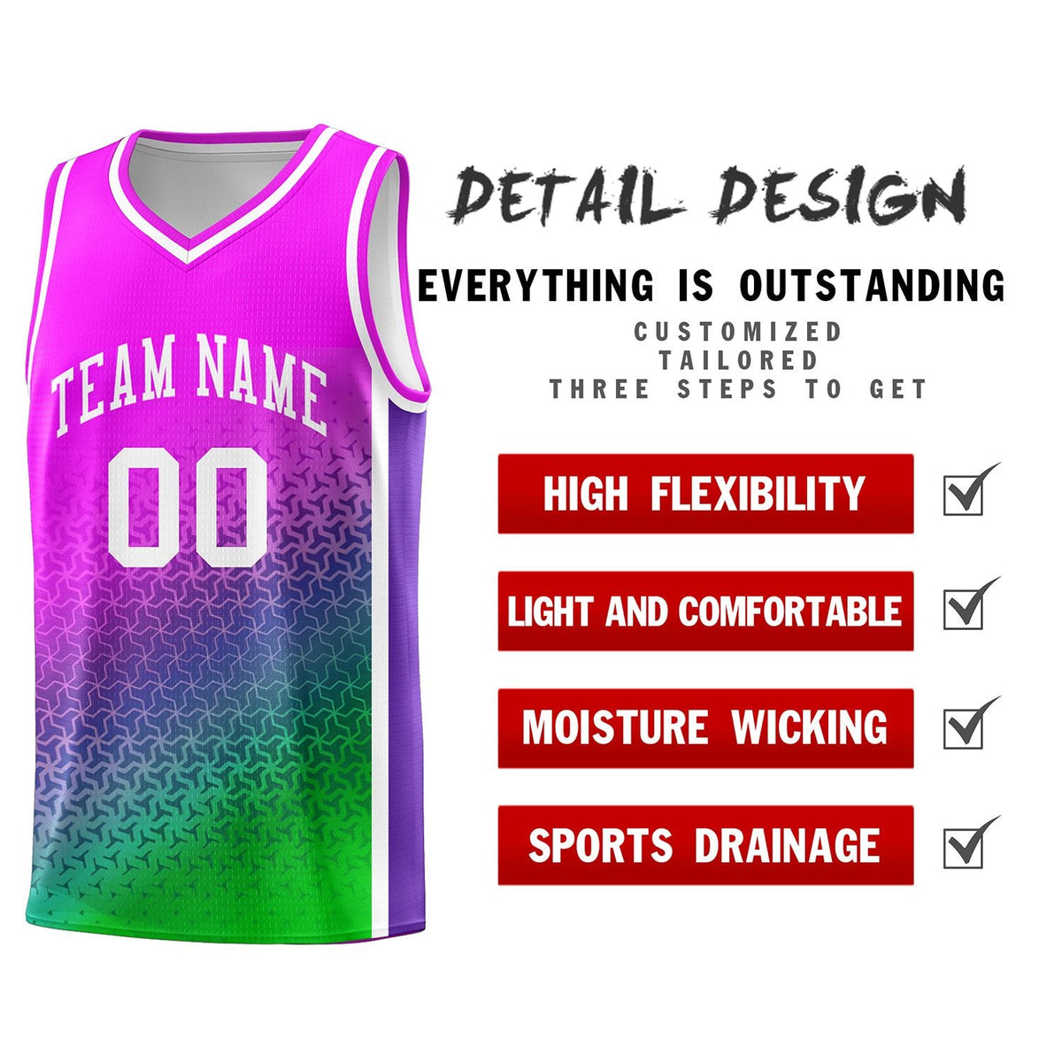 Custom Pink Purple-Neon Green Gradient Design Irregular Shapes Pattern Sports Uniform Basketball Jersey