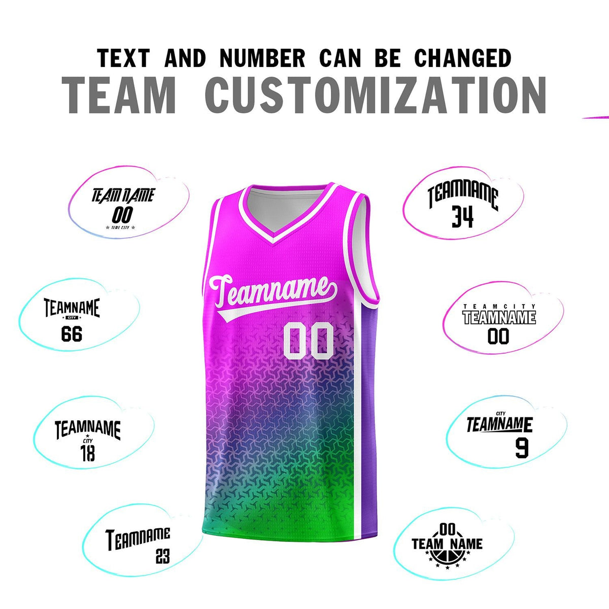 Custom Pink Purple-Neon Green Gradient Design Irregular Shapes Pattern Sports Uniform Basketball Jersey