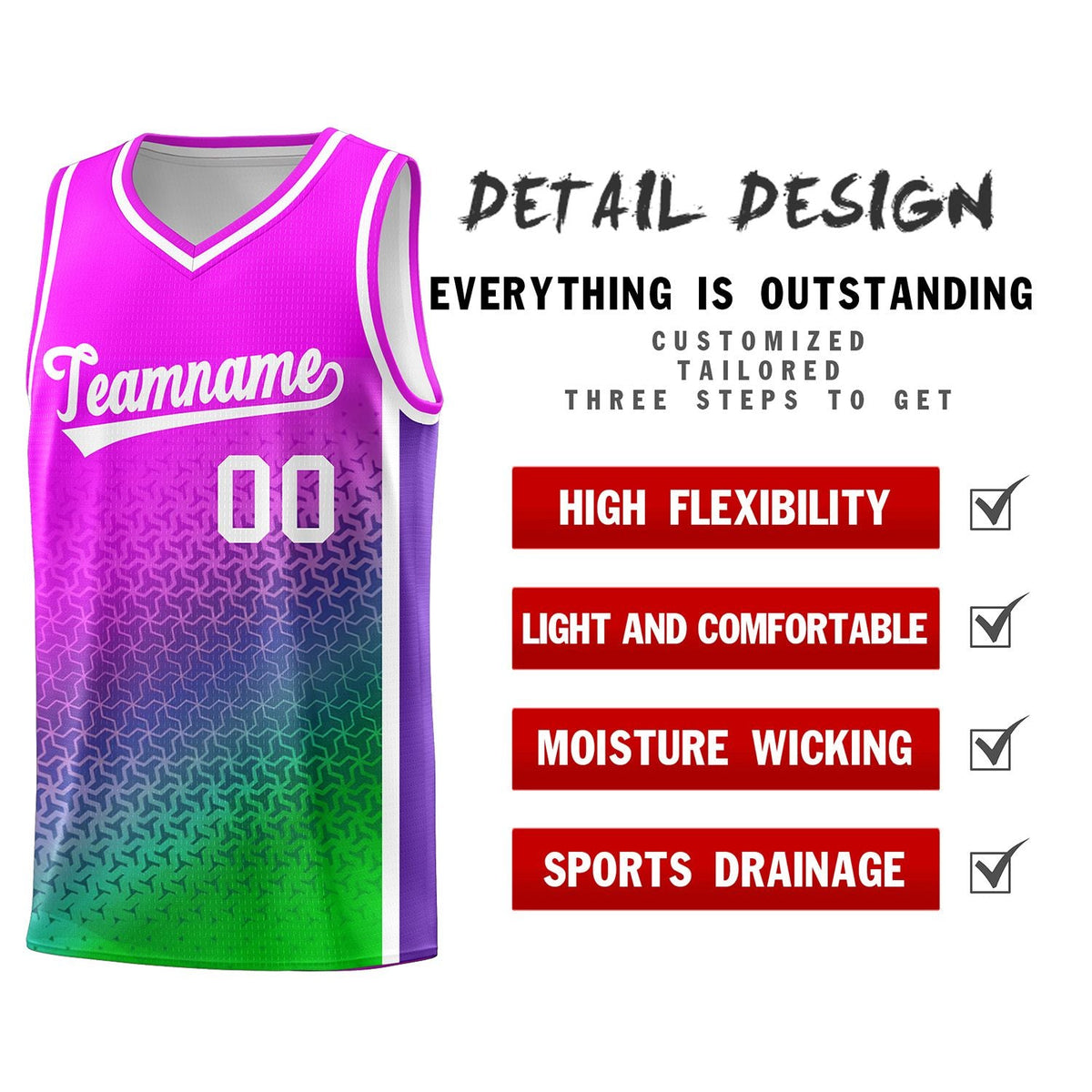 Custom Pink Purple-Neon Green Gradient Design Irregular Shapes Pattern Sports Uniform Basketball Jersey