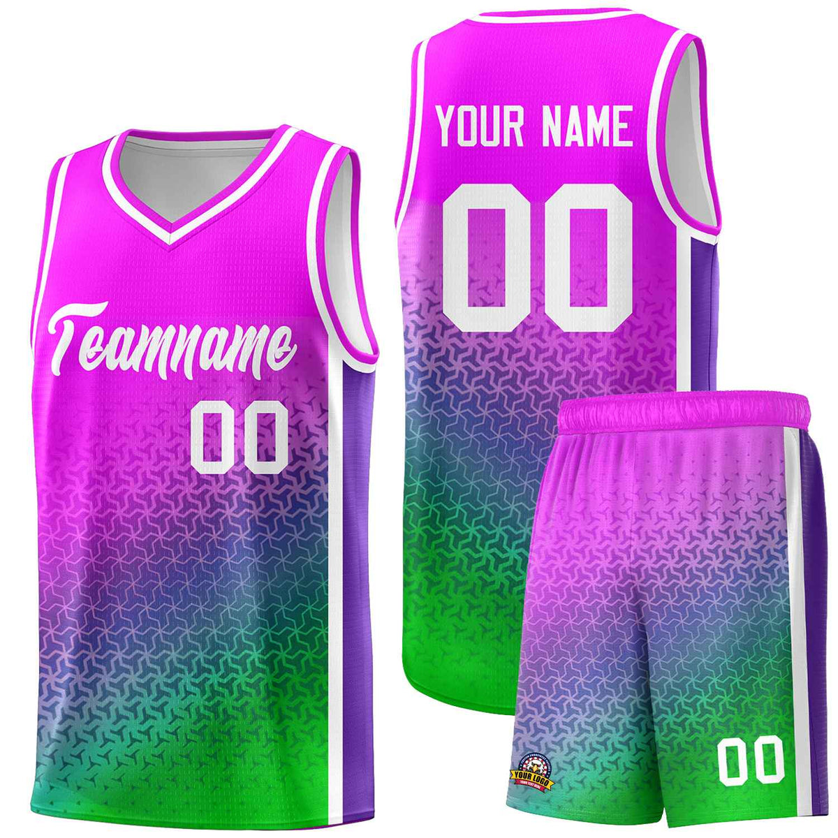 Custom Pink Purple-Neon Green Gradient Design Irregular Shapes Pattern Sports Uniform Basketball Jersey