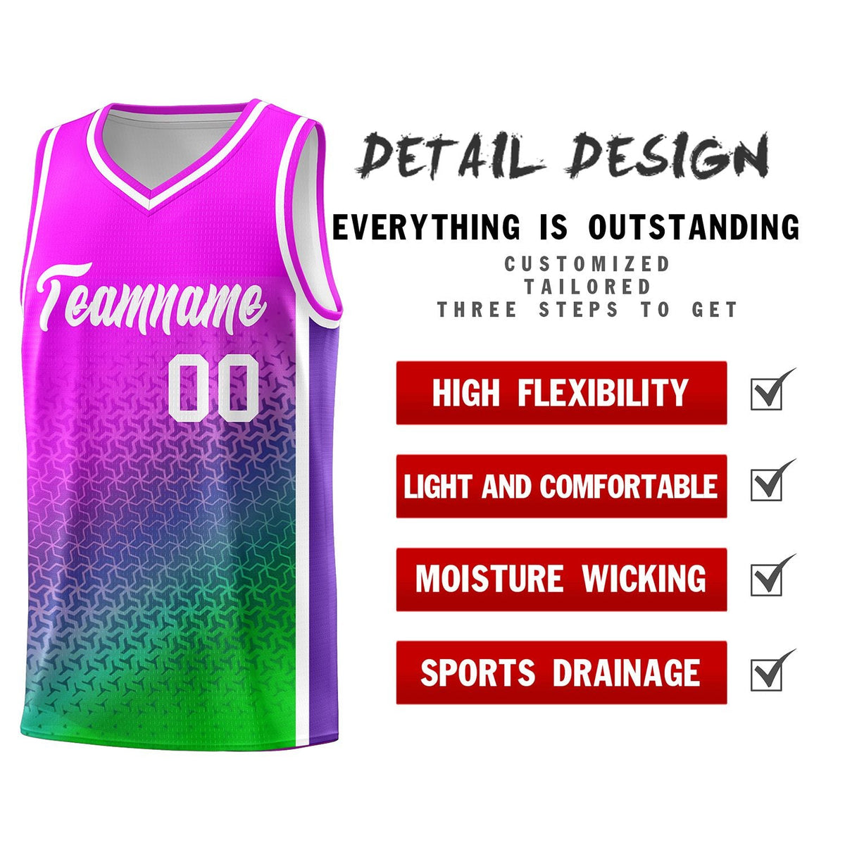 Custom Pink Purple-Neon Green Gradient Design Irregular Shapes Pattern Sports Uniform Basketball Jersey