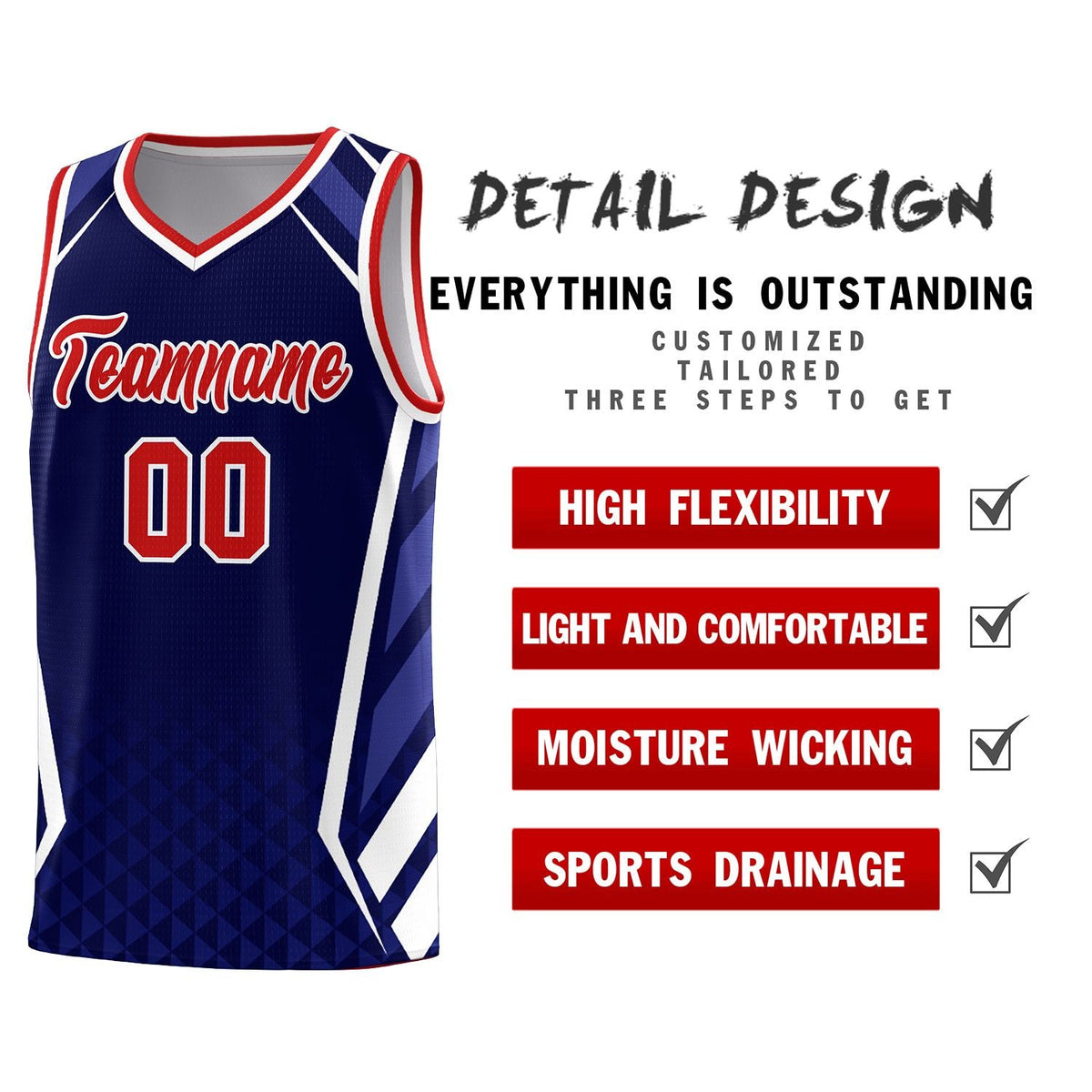 Custom Navy Red Diamond Pattern Side Slash Sports Uniform Basketball Jersey