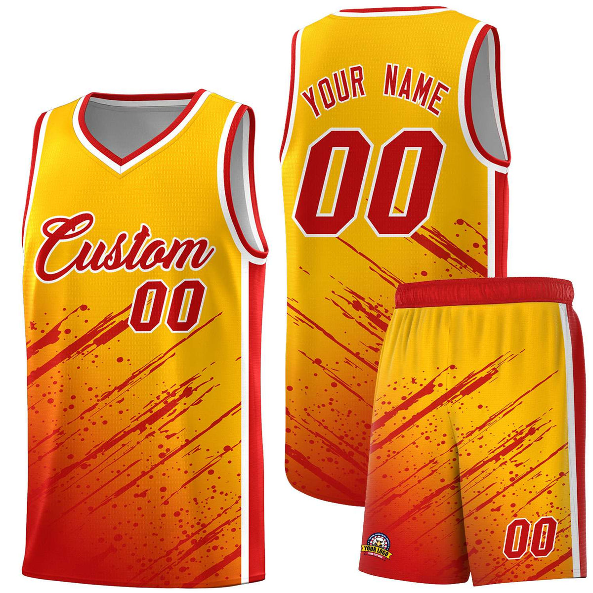 Custom Yellow Basketball Kits With Red Paint Graffiti