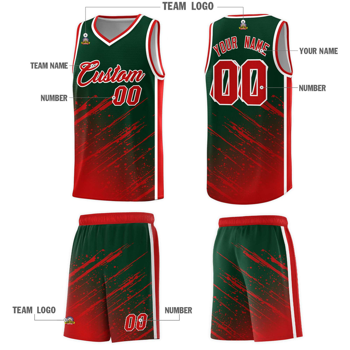 Custom Green Basketball Kits With Red Paint Graffiti