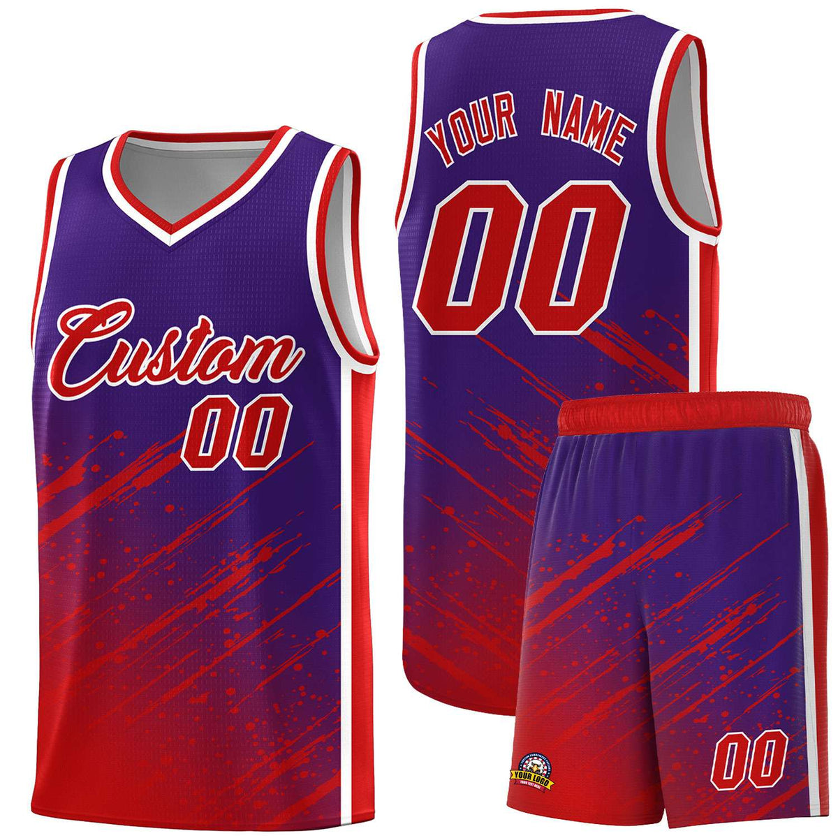 Custom Purple Basketball Kits With Red Paint Graffiti
