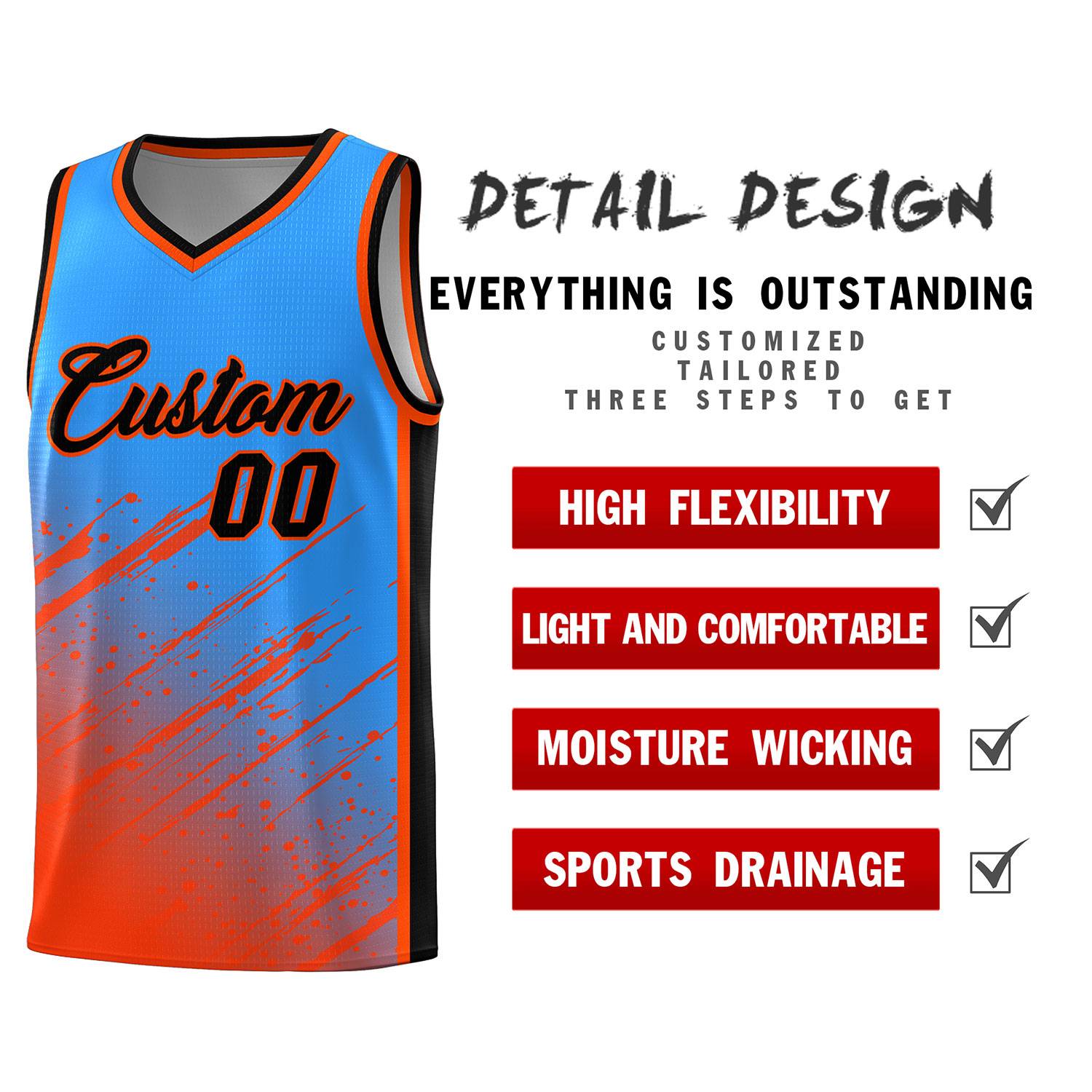 Custom Powder Blue Basketball Kits With Orange Paint Graffiti