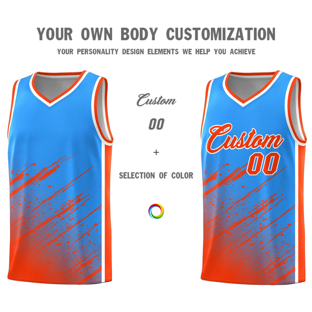 Custom Powder Blue Basketball Kits With Orange Paint Graffiti