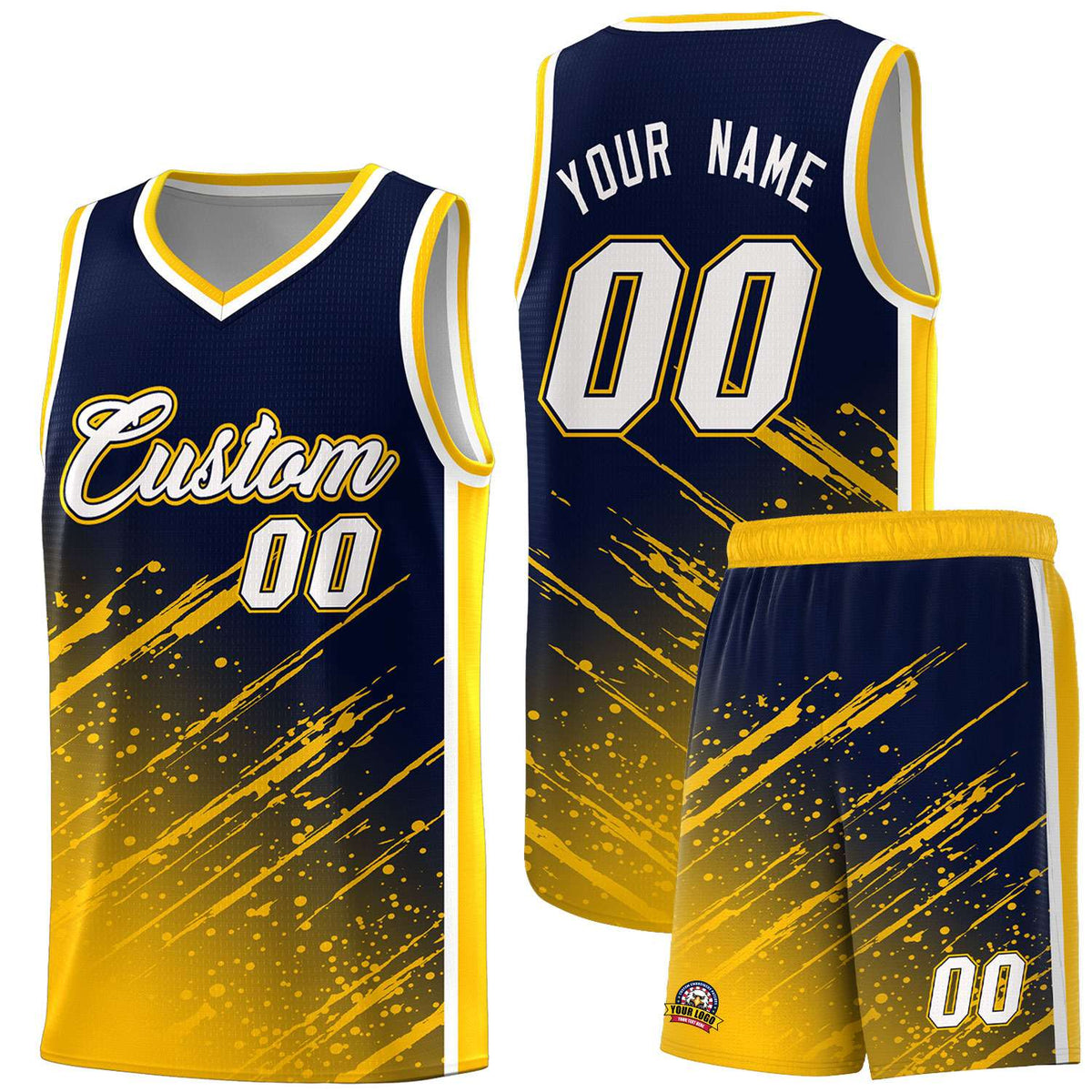 Custom Navy Basketball Kits With Yellow Paint Graffiti