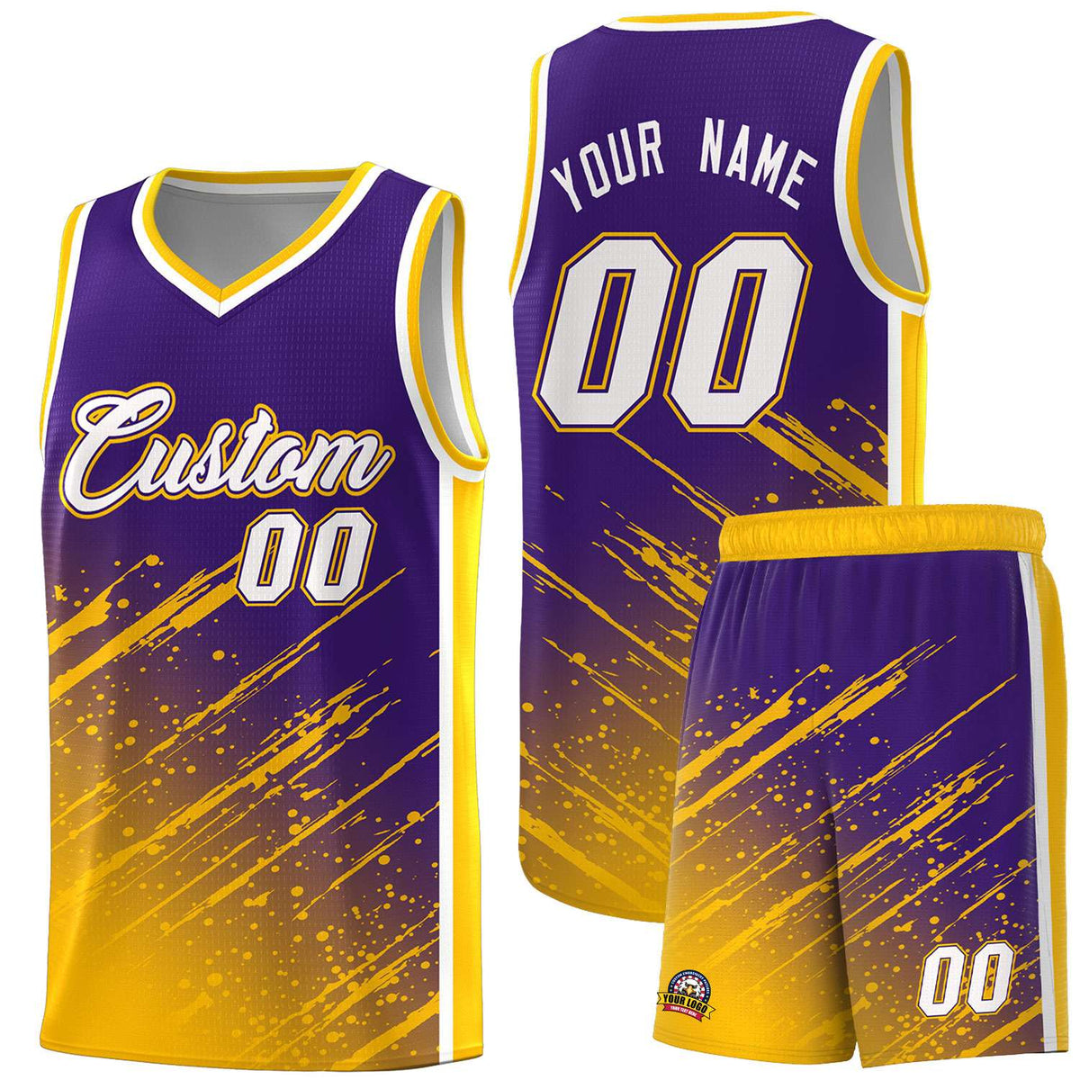Custom Purple Basketball Kits With Yellow Paint Graffiti