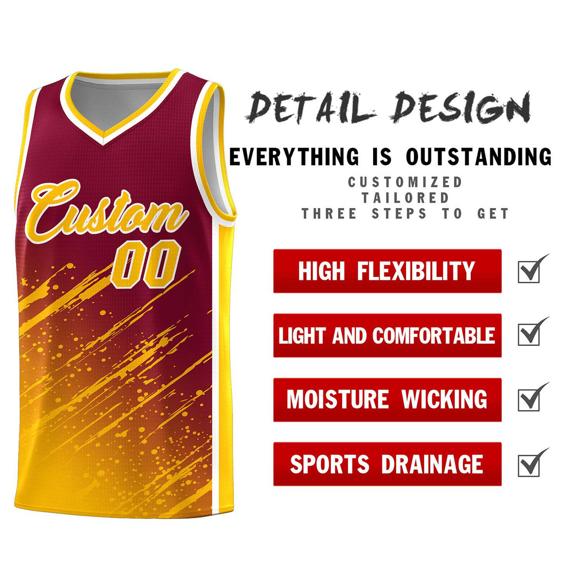 Custom Crimson Basketball Kits With Yellow Paint Graffiti