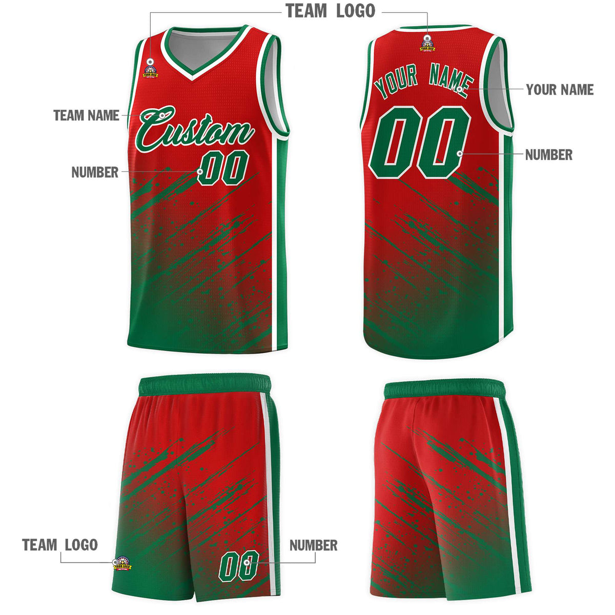 Custom Red Basketball Kits With Kelly Green Paint Graffiti