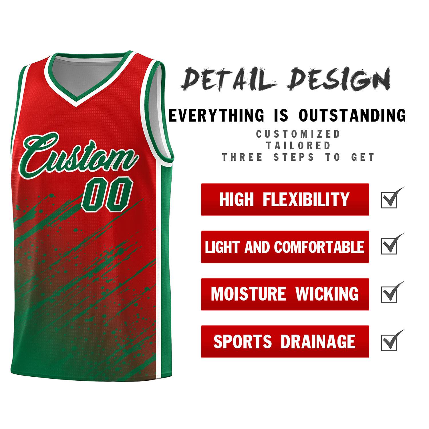 Custom Red Basketball Kits With Kelly Green Paint Graffiti