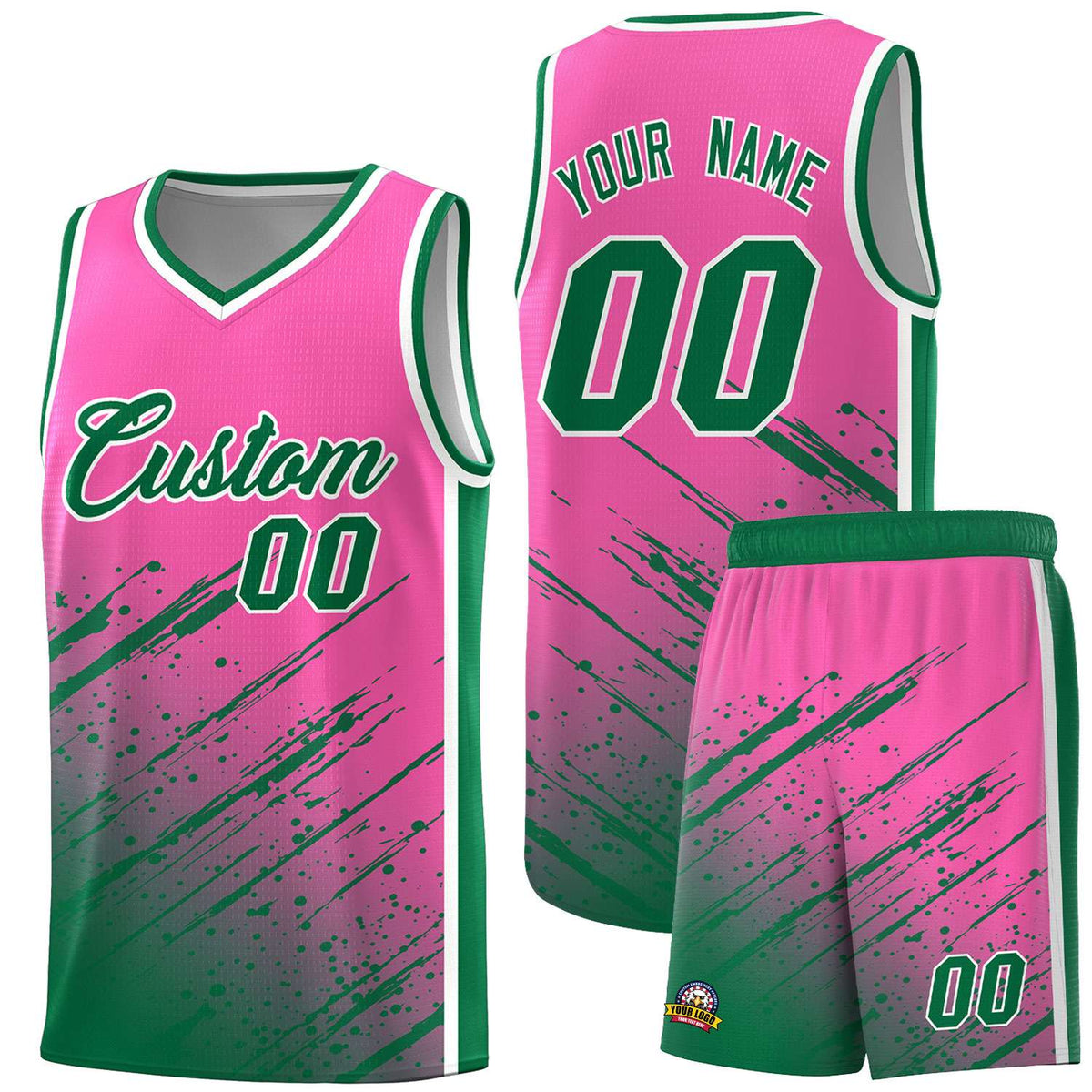 Custom Pink Basketball Kits With Kelly Green Paint Graffiti