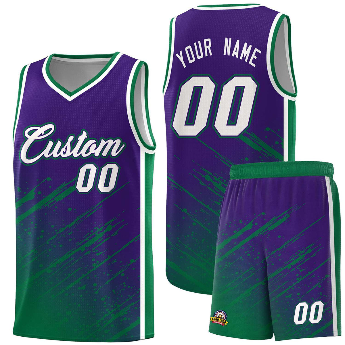 Custom Purple Basketball Kits With Kelly Green Paint Graffiti
