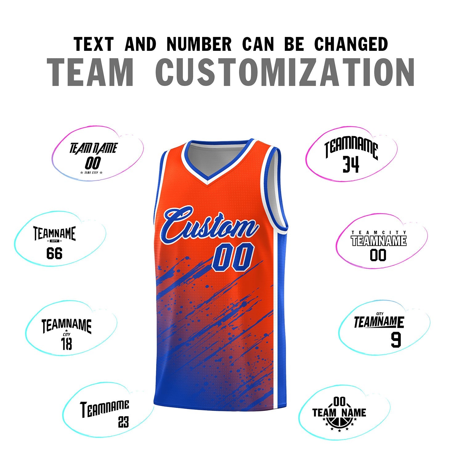 Custom Orange Basketball Kits With Royal Paint Graffiti