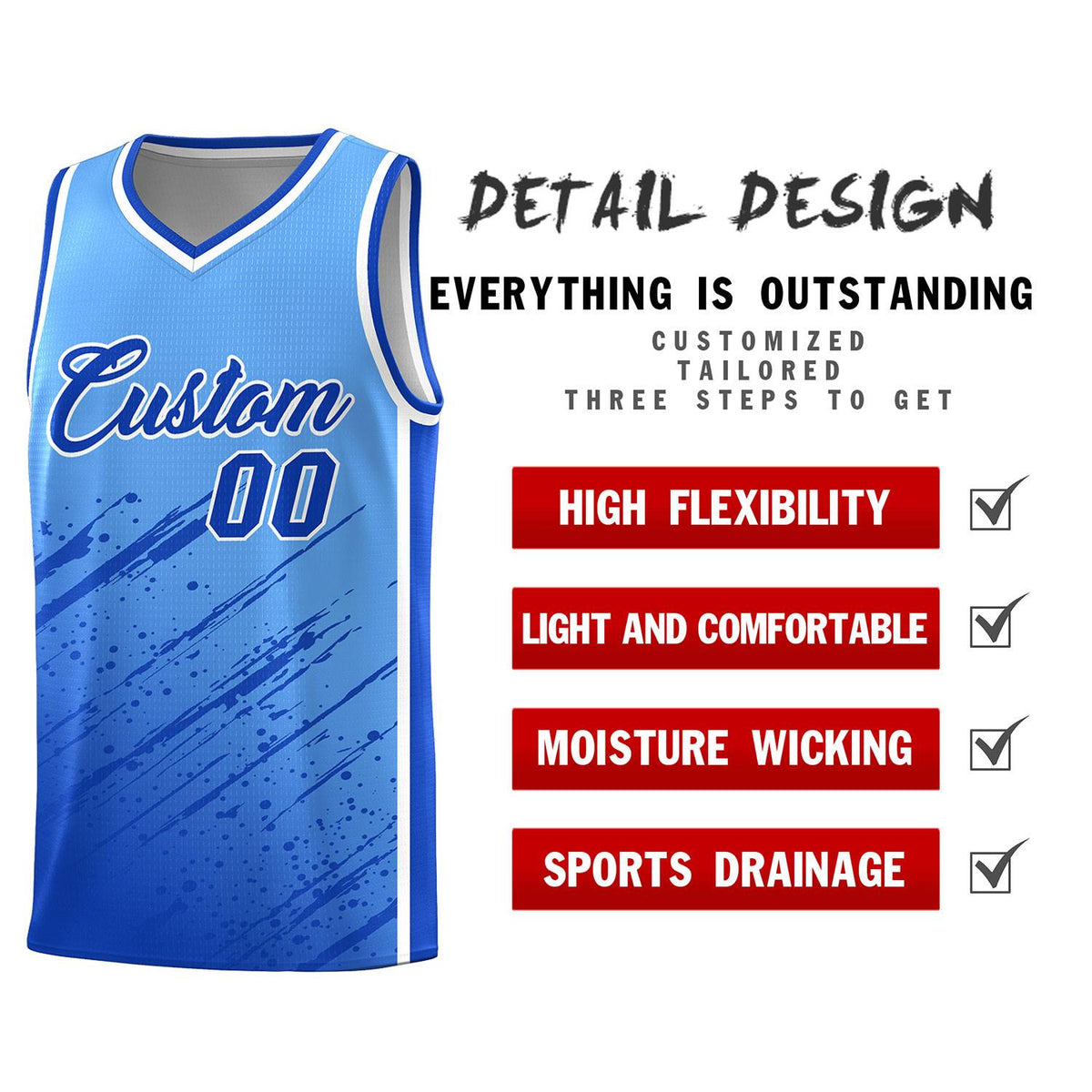 Custom Powder Blue Basketball Kits With Royal Paint Graffiti