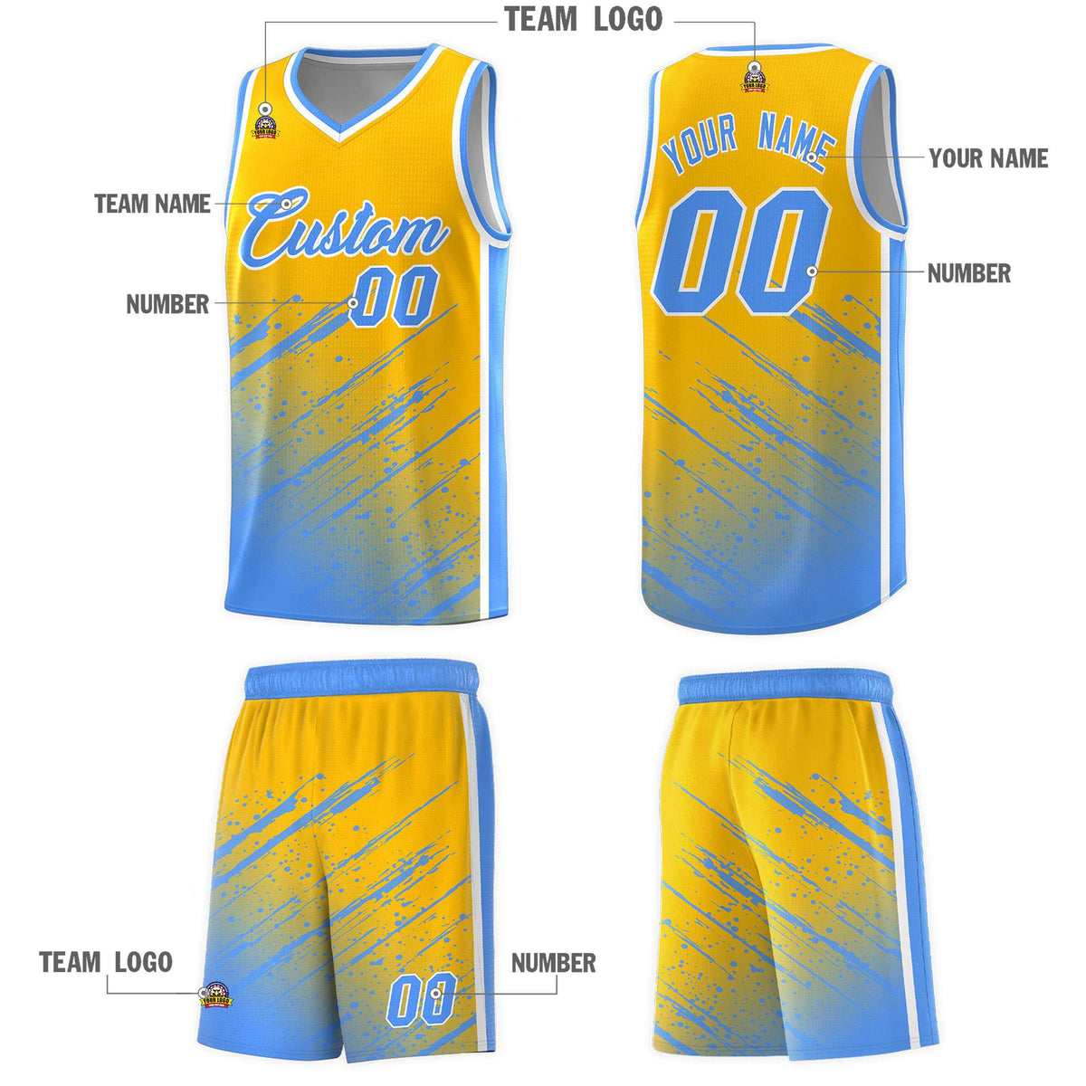 Custom Yellow Basketball Kits With Powder Blue Paint Graffiti