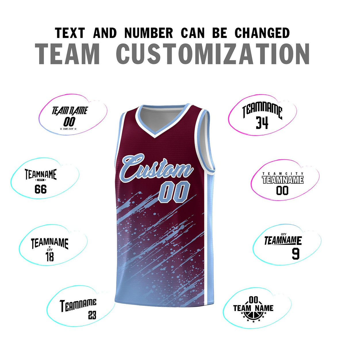 Custom Crimson Basketball Kits With Light Blue Paint Graffiti